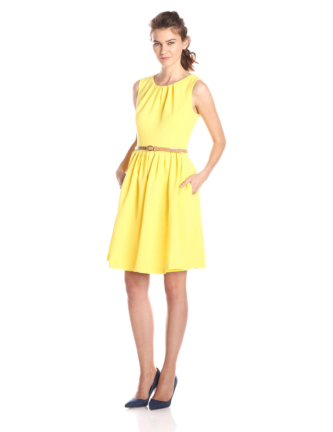 Ellen Tracy Women's Sleeveless Gathered-Neck Belted Dress